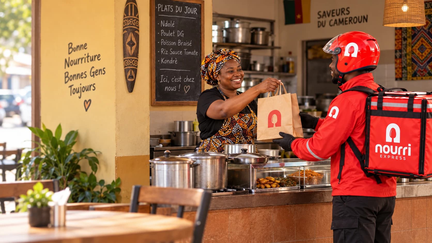 Au comptoir, une cuisinière remet une commande dans un sac en papier à un livreur Nourri Express