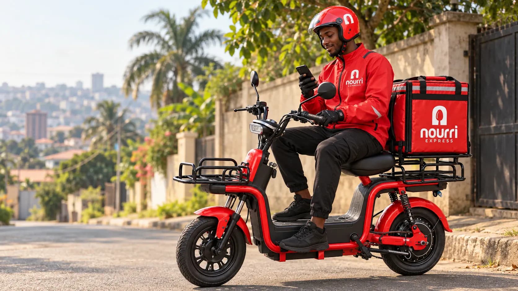 Un livreur Nourri Express sur un scooter électrique consulte une commande sur son téléphone