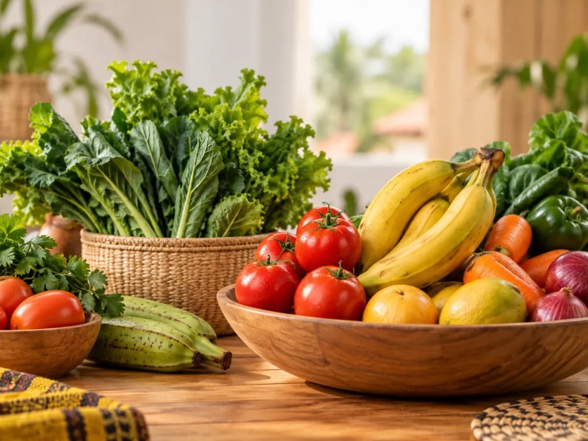 Fresh vegetables and fruit in baskets and bowls
